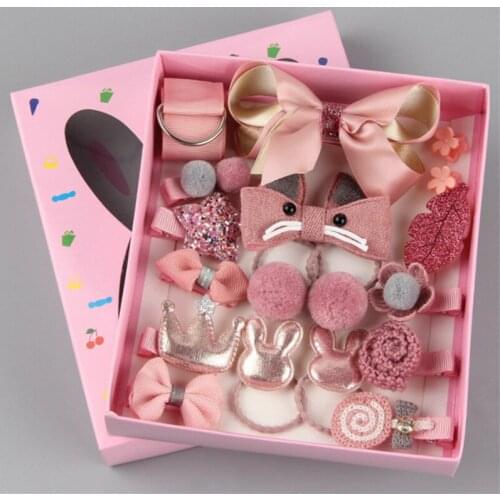 18PCS Box Set Cute Girl Hair Accessories Hairpin Princess Cartoon Crown Bow Candy Flower Hair Ring Side Clip Handmade Gift