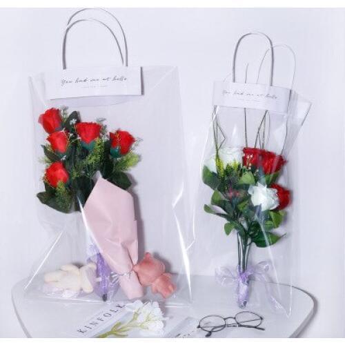 20pcs/Lot Florist Decoration Long Tote PVC Clear Bag Flower Bouquet Bagging Portable Transparent Gift Bag Collocation Packaging