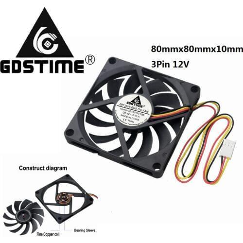 5 Pieces Gdstime 80x80x10mm 3Pin Connector DC 12V Brushless PC CPU Cooling Fan 80mm x 10mm 3 inch 8cm Black Blue Motor Cooler