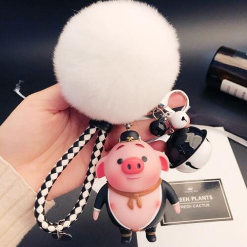 Cartoon Pig Monkey king Animal car keychain leather Rope Fur Ball Pompom women bag pendant keyring gift Women Handbag Charm