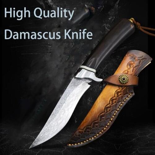 High Hardness Damascus Knife Sharp Fixed Blade Ebony Handle Antique Leather Sheath Outdoor Camping EDC Tool Collection Box Gift