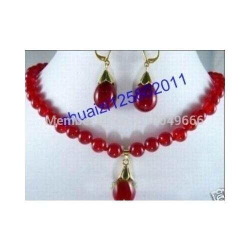 ER91 Hot sale Handmade 8mm Red stone Necklace Earrings Set