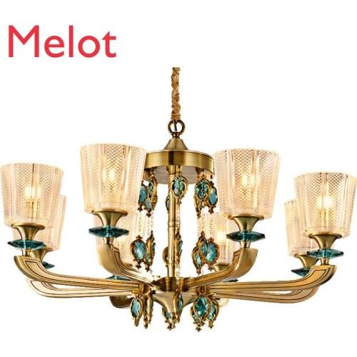 European All Copper Peacock Blue Crystal Chandelier Living Room American Light Luxury Simple Bedroom Dining Room Lamps