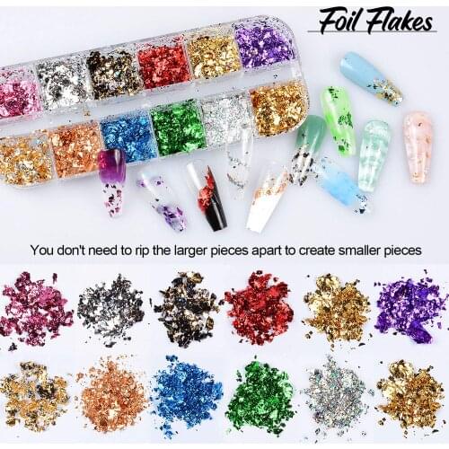 Foil Flakes Nail art. 12 different colors in a box Foil / Ultra-Thin Silver Gold Flakes Chunky Glitter abalone shell Foil Chips