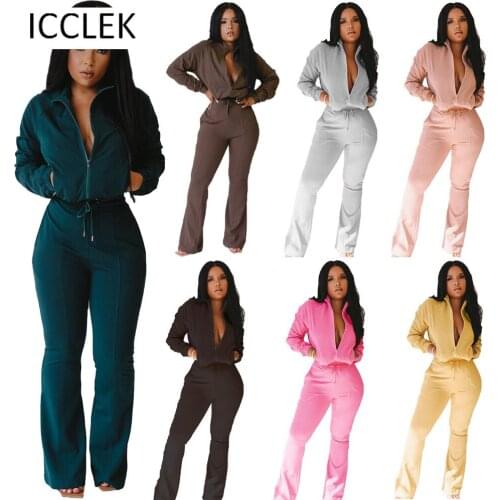 ICCLEK Wholesale Items Plus Size Summer Women 2 Two Piece Set Solid Sports Zipper and Flared Pants Solid Color Sportswear Suit
