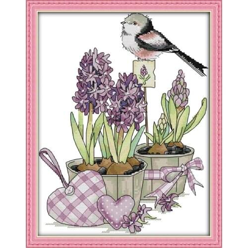 Joy Sunday A Bird On A Flowerpot Animal Cotton Thread Painting 11&14CT DIY Cross Stitch Embroidery Designs Canvas For Painting