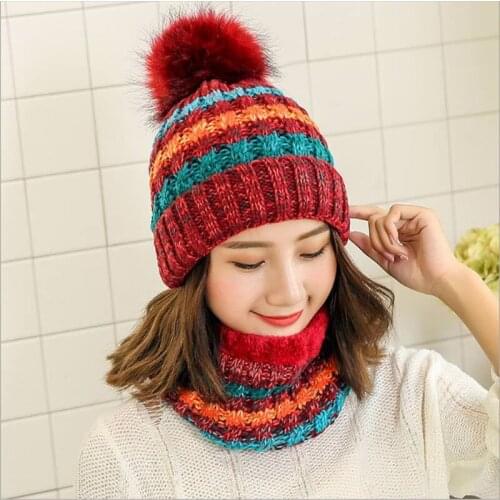 2021 New Beanies Women Stripes Knit Hat For Women Girls Sweet Thick Winter Hat Balaclava Pompom Bonnet Warm Skullies Beanies Hat