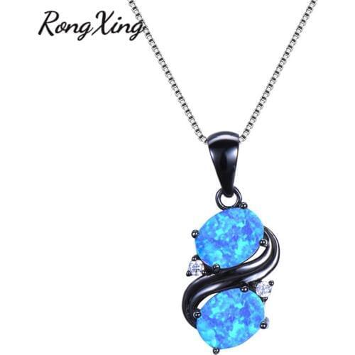 RongXing New Retro Blue/White Fire Oval Opal Pendants Black Gold Filled Zircon Birthstone Necklace Female Clavicle Chain NL0175