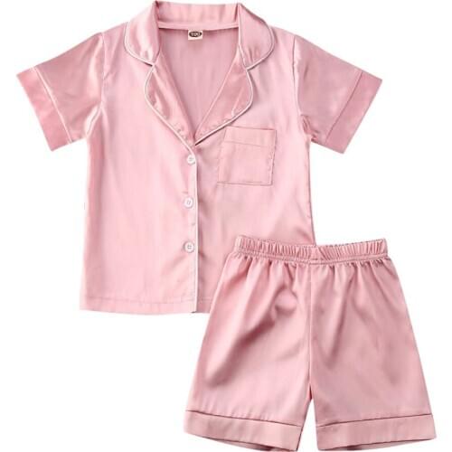 Baby Girls Boys Solid Ice Silk Satin Pajamas Sets Short Sleeve Tops Shorts Summer Infant Toddler Children Sleepwear 6M-6Y