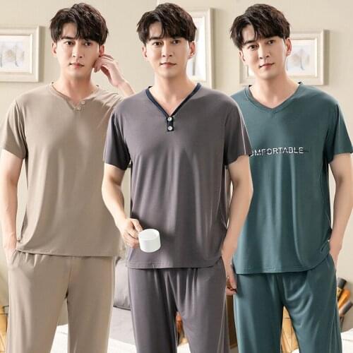 Plus Size Short Sleeve Long Pants V-neck Modal Pajama Set for Men 2021 Summer Korean Sleepwear Suit Pyjama Male Homewear Clothes