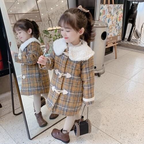 Girls' Mid-Length Woolen Coat 2020 Winter New Korean Style Childrens Fleece-Lined Thickened Horn Button Plaid Coat Fashion