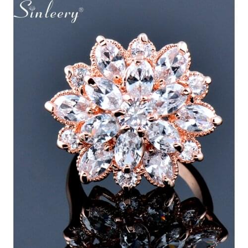 SINLEERY Luxury Crystal Flower Rings For Women Wedding Engagement Rose Gold Silver Color Ring Size 67 8 9 10 Jz547 SSO