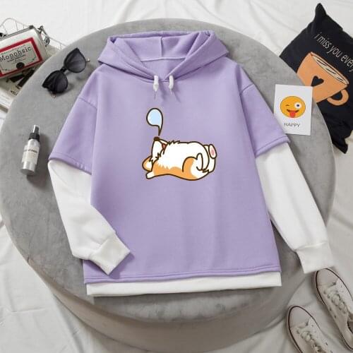 Corgi Hoodie for Girls Cartoon Cute Hooded Sweatshirt for Patchwork Pullover Female Korean Casual Loose Fake Long Sleeve Hoody