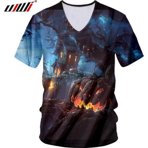 UJWI Halloween Forest Terror Castle Ghost Mens V Neck Tshirt 3D Printed Big Mouth Flame Pumpkin Man Large Size T-shirt 6XL