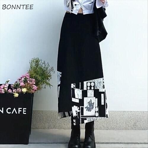 Skirts Women Artistic Asymmetrical Vintage Black All-match Patchwork Popular Mid-Calf Trendy BF Style Aesthetic Design Oversized