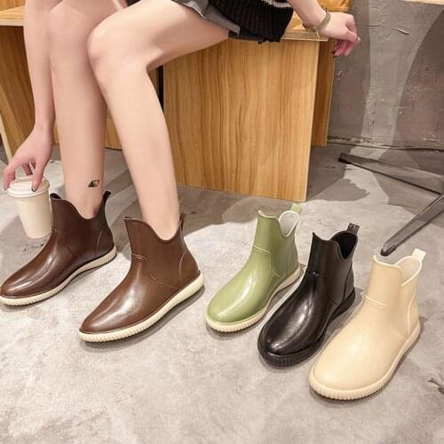 Woman Boots Rainboots Waterproof Slip On Ladies Ankle Boot Non-Slip Low Heels Round Toe Concise Solid Woman Shoes Fashion New
