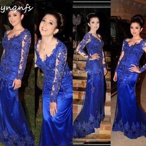 YNQNFS Fashion Blue Mother Of The Bride Dresses Satin Long Sleeve Wedding Formal Gown Lace Appliques Women Elegant Evening M19