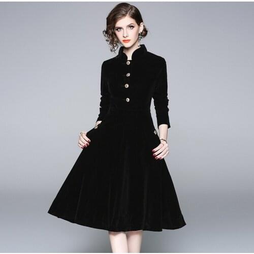 High Quality Vintage Black Velvet Stand Collar Party Dress Women Elegant Temperament Female Buttons up Long Sleeve Vestidos