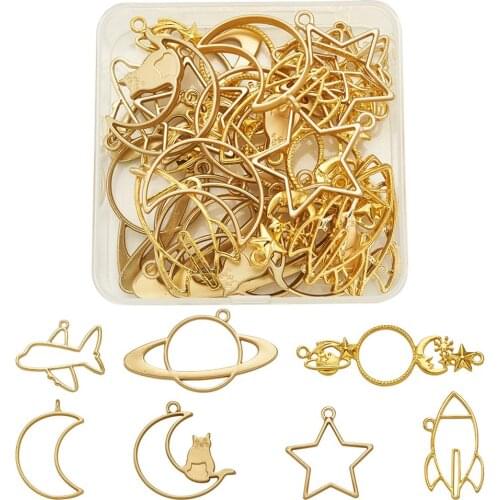 1Box Universe Theme Matte Style Rack Plating Alloy Open Back Bezel Pendants For DIY UV Resin Pressed Flower Jewelry Mixed Shapes