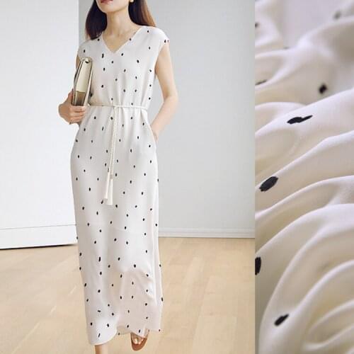 1 Meter White Background with Small Dots Silk Jianhong Crepe Fabric, Black Dots, Wide 14 Mm