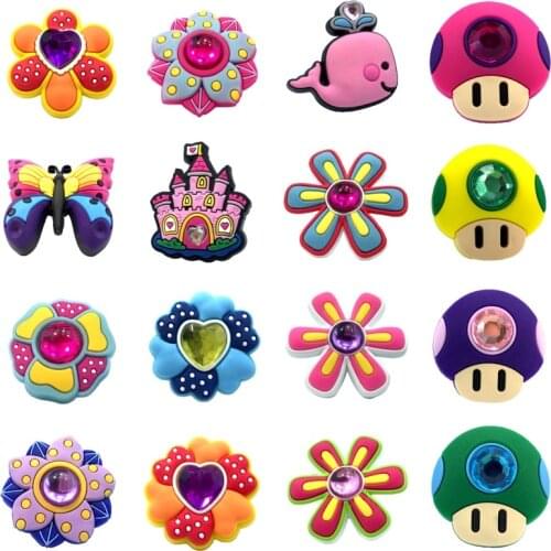 1PCS Crystal & Flower Butterfly PVC Shoe Charms Shoe Accessories Shoe Buckles Decor Fit Bracelets Castle Ornaments Xmas Gift