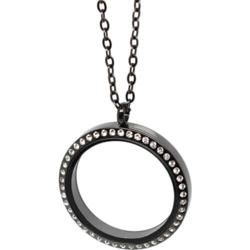 Black Floating Lockets Pendant 316L Stainless Steel Screw Crystal Living Memory Floating Glass Lockets Necklace for Men Jewelry