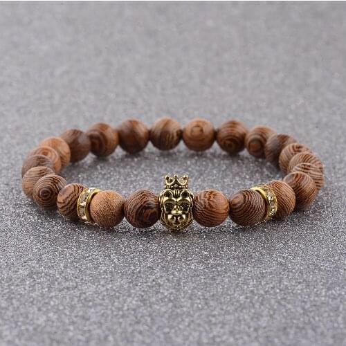 DOUVEI Mens Wooden Beads Crown Lion Bracelet Natural Crown Charm Strand Bracelets Bangle Prayer For Man Male Jewelry