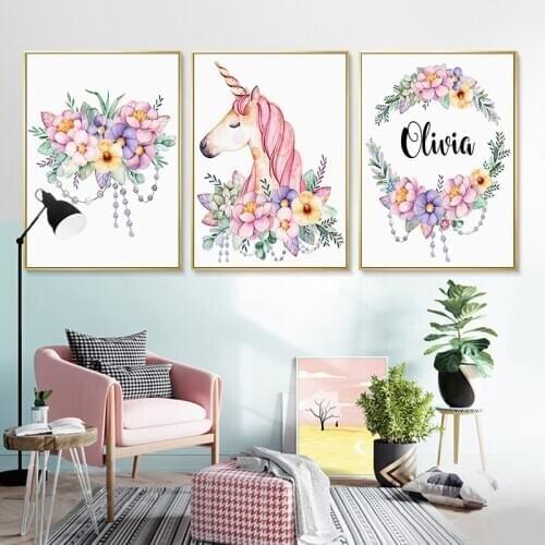 Pink Unicorn Flower Plant Canvas Painting Nordic Customized Name Poster Print Fresh Floral Wall Art Pictures for Kid Bedroom