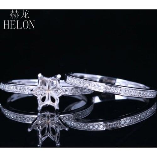 HELON 6.5mm Round Solid 10K White Gold Pave Natural Diamonds Semi Mount Engagement Wedding Ring Setting Women Fine Diamond Band