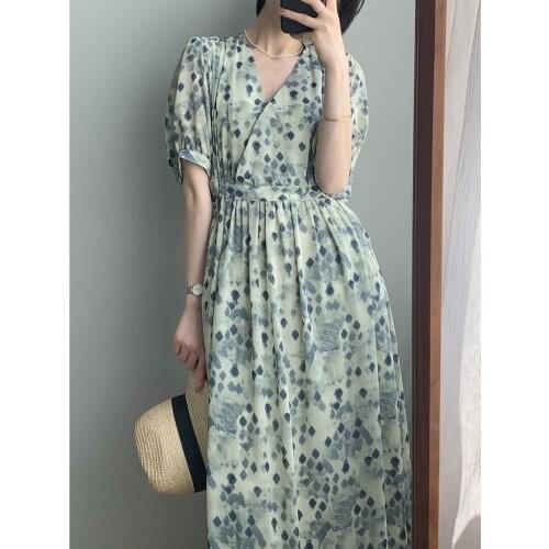 Summer Women Short-sleeved Chiffon Dress V-neck High Waist Geometric Print Beach Midi Dresses Sexy Vestidos willon green dress