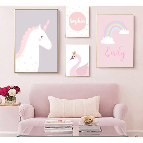 Baby Nursery Animal Wall Art Pink Swan Unicorn Canvas Poster Custom Name Print Painting Picture Nordic Kid Bedroom Decoration