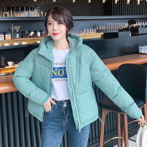 NEEDBO Winter Jacket Women Parkas Thicken Outerwear Solid Hooded Coats Short Female Loose Cotton Padded Basic Tops Womans Coat