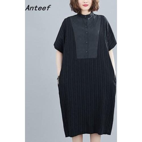 Short sleeve plus size black cotton vintage Pleated dresses for women casual loose long woman summer dress elegant clothes 2021