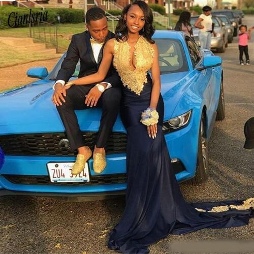 South Afrian evening dresses Navy Blue Mermaid Prom Dresses Gold Appliques Sexy Deep V Neck Sweep Train 2K19 Prom Evening Gowns
