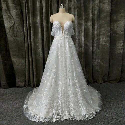 Plunging Off Shoulder Glitter Lace Appliques A Line Sweep Train Garden Church Cathedral Wedding Dress Bridal Gown 2020