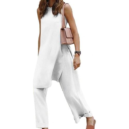 Plus Size Summer women pants set Sleeveless Cotton Blend Round Neck Split Blouse Wide Leg Pants Set Female Women Lady Set