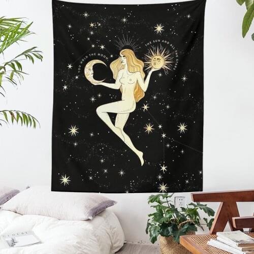 Sun Moon woman Tapestry Tarot Card Witchcraft Wall Hanging black Art Print Mural Background Tapestries for Bedroom Dorm Yoga