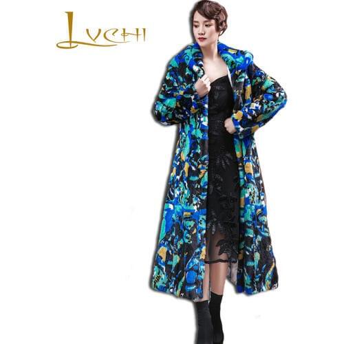LVCHI Winter 2019 Import Mink Fur Coats Womens Natural Fur Print Flower Mink Coat With Fur Hood Long Sleeve X-Long Mink Coats