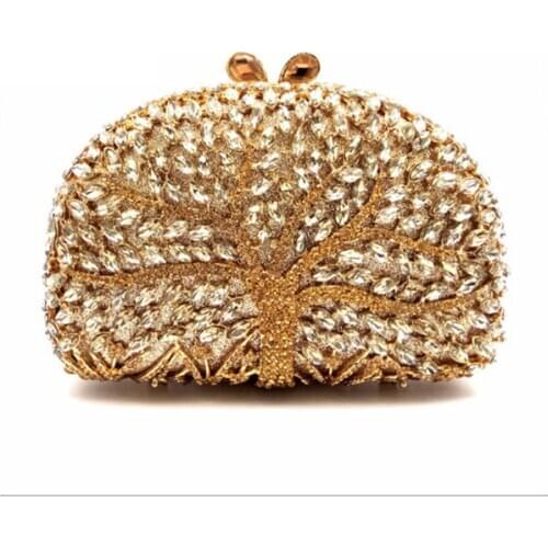 Women tree shape Evening Hand Bag Crystal Dressed Clutch Bags Wedding Party Chain Purse Small Handbag Mini Day Clutches gold