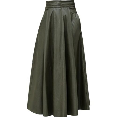 Women pu skirts autumn winter long length PU leather A line umbrella office casual big swing skirt