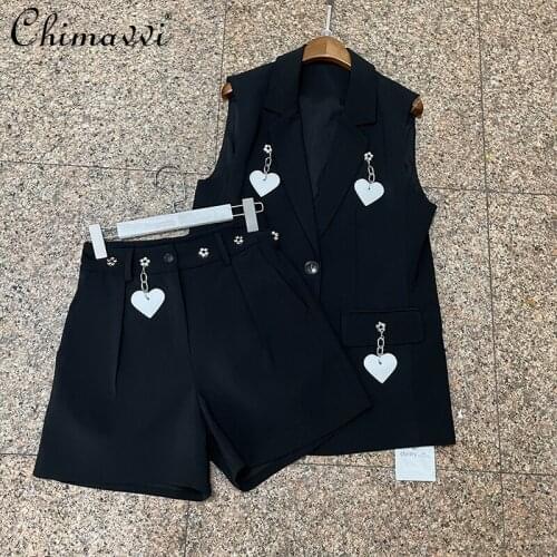 Summer Women Sleeveless Notched Collar Solid Color Vest High Waist Loose Short Pants Two Pieces Set with Pendant for Lady