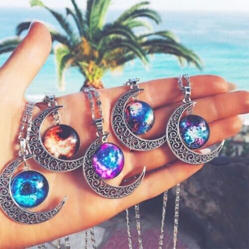 ZOVOLI Vintage Long Moon Galaxy Planet Glass Pendant Necklace Chains Crescent Chokers Necklaces For Women Boho Jewelry Gift