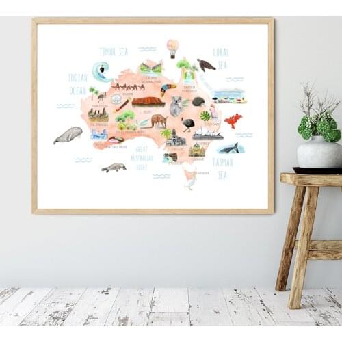 Watercolor Australia Map Poster Prints Travel Gift idea Animals Architecture Canvas Painting Australian Nursery Wall Art Decor