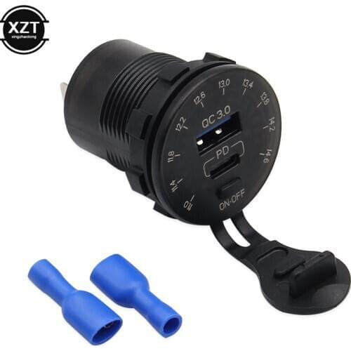 Car Charger Waterproof 18W Type C PD Outlet 12V Quick Charge 3.0 USB SUV Fast Charger with LED Voltmeter ON OFF Power Switch