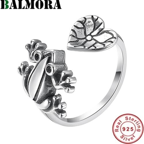 BALMORA 100% 925 Pure Silver Cute Animal Frog Ring For Women Lady Girl Lotus Leaf Ring Open Adjustable Ring Anillos Jewelry Gift
