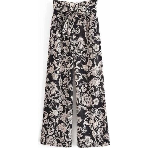 DOUJILI Floral Print Pants Women High Waist Spring Autumn Wide Leg Loose Pants Elegant Female Bottom Trousers