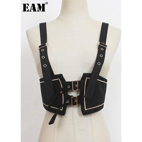[EAM] Women Loose Fit Black Bucke Spliced Short Cool Vest New V-collar Sleeveless Fashion Tide Spring Summer 2021 1DE1185