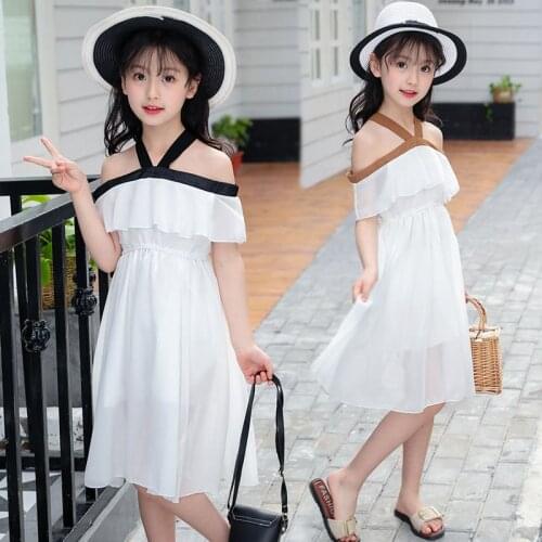 Elegant ruffle off shoulder girls dress fashion children strap chiffon summer dresses casual holiday white short kids sundress
