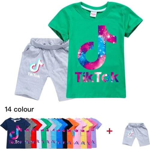 TIK TOK Summer New Kids T-shirt Shorts 2pcs Suit Girl Fashion Cute Cartoon Print Short Sleeve Boy Casual Comfortable Shorts
