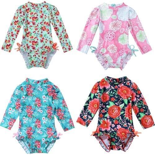Newborn Infant Baby Girl Swimsuit Long Sleeves Floral Printed One-piece Swimwear Toddler Girl Swim Suit Bathing Suit Rash Guard
